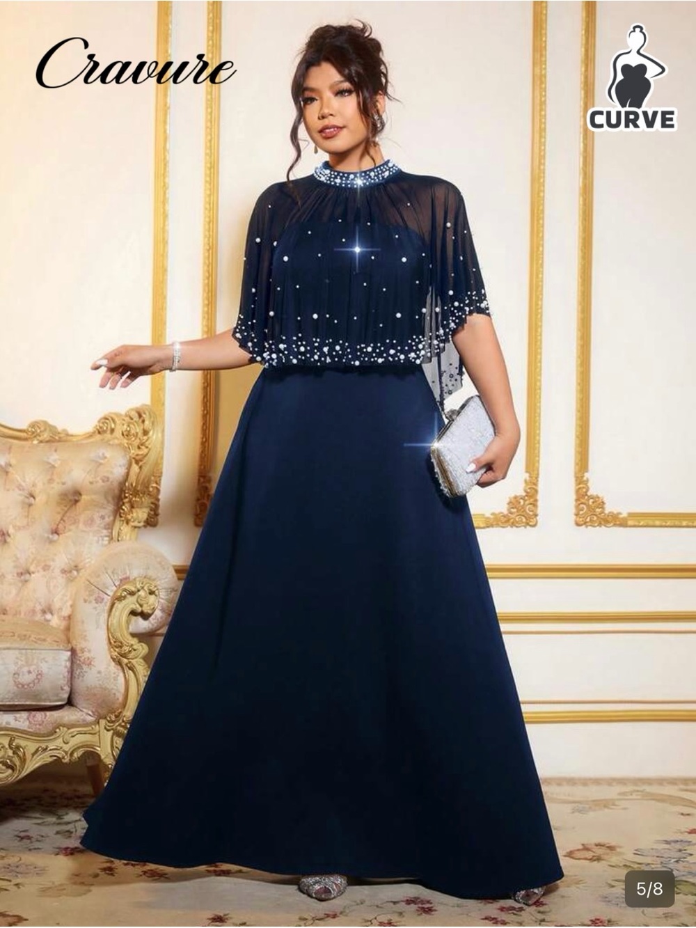 Plus Size pearl Cape with Chiffon Overlay Gown Formal Evening Navy XL